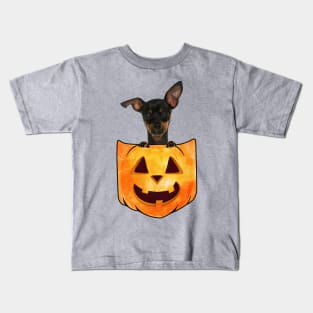 Miniature Pinscher Dog In Pumpkin Pocket Halloween Kids T-Shirt